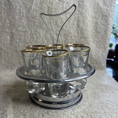 vintage Kromex Mid-Century Shot Glass Carousel  Server in chrome and glass. 