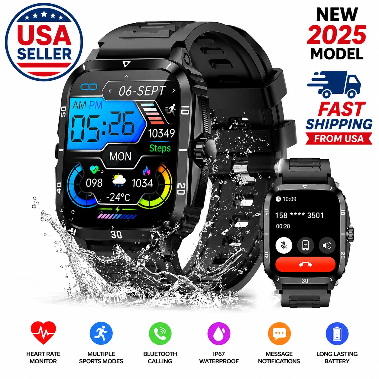 1.96" Bluetooth Smart Watch Fitness Tracker for iPhone Android Heart Rate IP67
Opens in a new window
