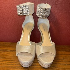 Gianni Bini Silver Glitter Platform Heels Rhinestone Ankle Strap 9 Wedding LKNW