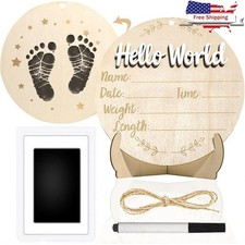 Wooden Baby Announcement Sign Hello World Handprint Footprint Photo Prop New