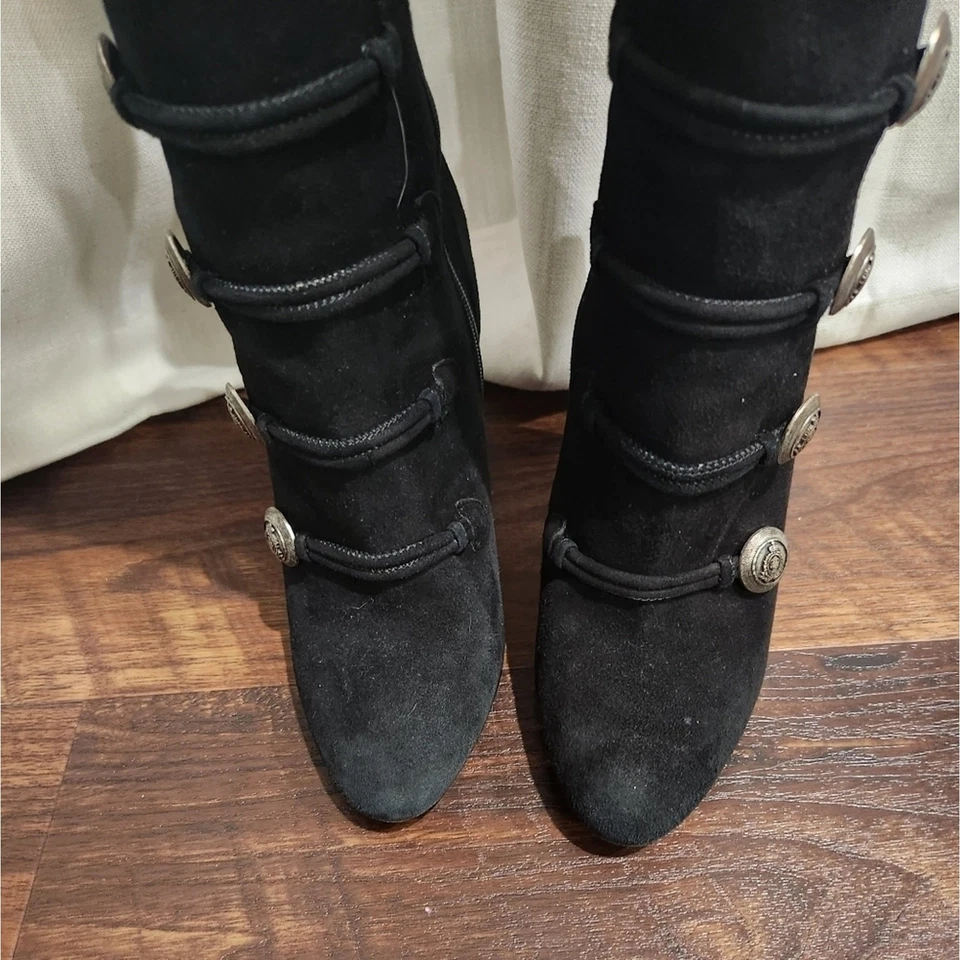 Botas RARAS Aquazzura Rasputine Militares Tacón Bloque Gamuza Negra Sobre la Rodilla Foto 3 de 4