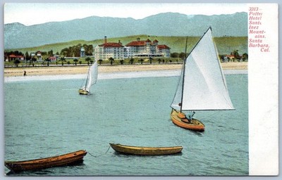 Postcard Santa Barbara CA Potter Hotel Santa Inez Mountains Boats Selige Pub D61