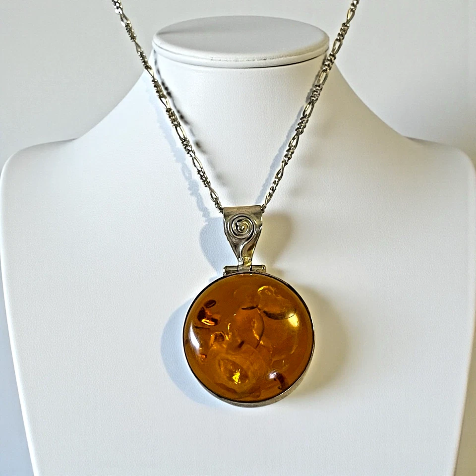 Collar Italiano Plata de Ley 925 Miel Báltica Colgante Redondo Cadena Figaro Foto 4 de 4