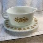 Vintage Pyrex Butterfly Gold Glass Gravy Boat Set w/ Oval Underplate, 2-Piece
