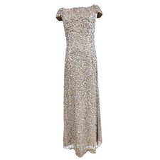 Adrianna Papell Dress Womens 6 Beige Sequin Boat Neck Cap Sleeve Gown Long