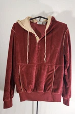 Vintage JC Penney Burgundy Tan Velour Hoodie The Fox Collection Drawstring SZ M