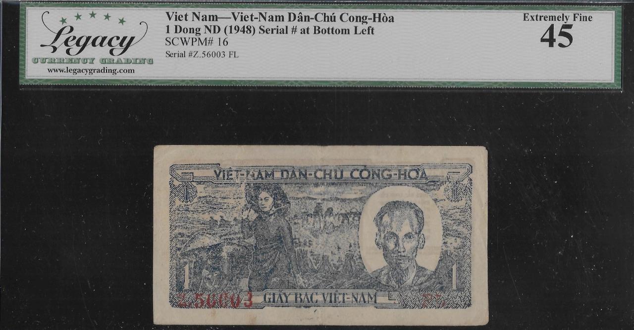 Vietnam P-16 1 Dong 1948 Serial # at Bottom Left LCG 45