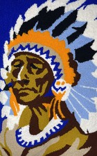 Vintage Native American Chief Latch Hook Rug Hanging Complete 22  x33  Handmade