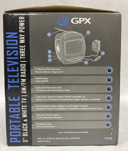 GPX Vintage Portable Television 5” Black & White TV AM-FM Radio 3 Way Power TVP5 - 第 3/4 張圖片