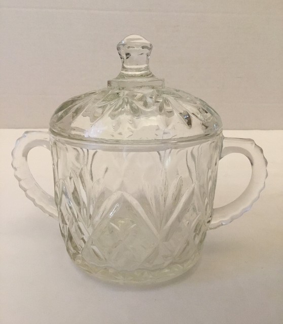 EAPG Double Handled Glass Sugar Bowl w/ Lid 5" Tall w/ Starburst on