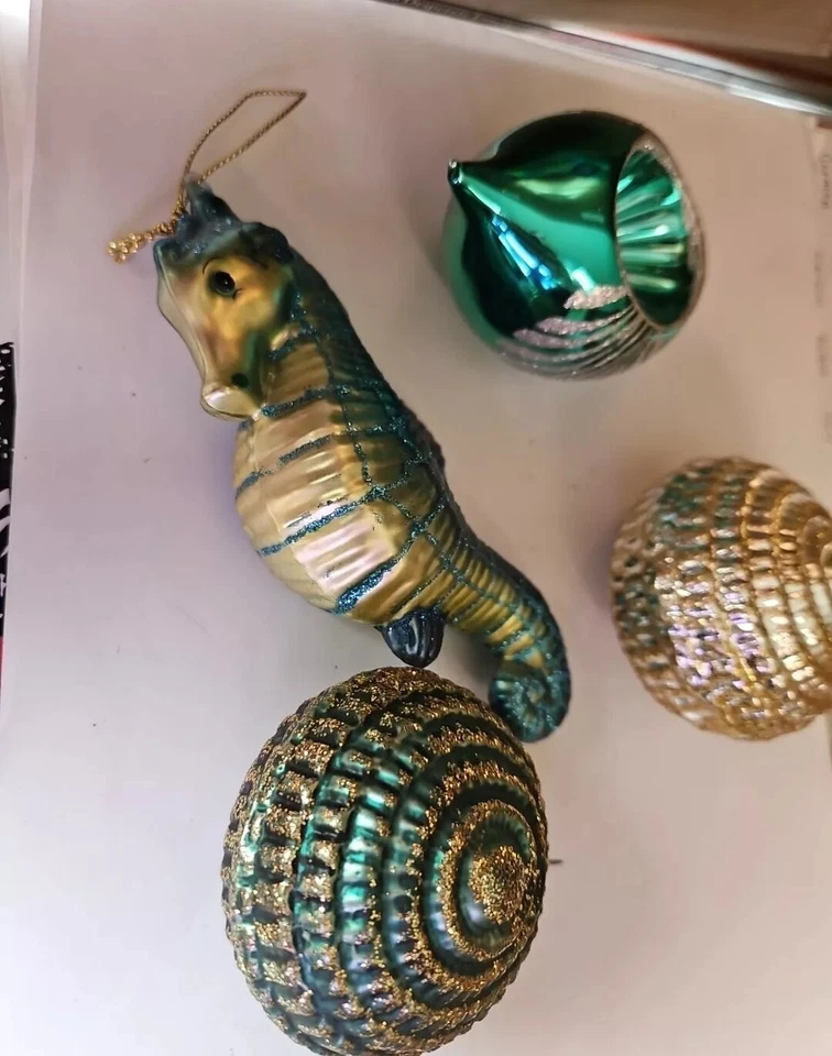 Vintage Teal Gold Color Seahorse, Ball Glass Christmas Ornaments Lot Of 4 Decor - Изображение 3 из 4