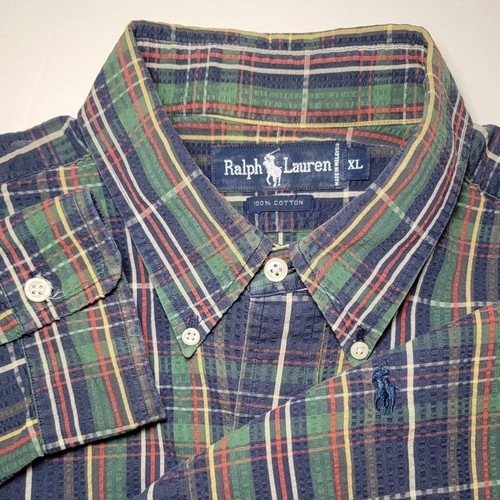 Vintage Ralph Lauren Seersucker Plaid Green Long Sleeve Mens XL Shirt