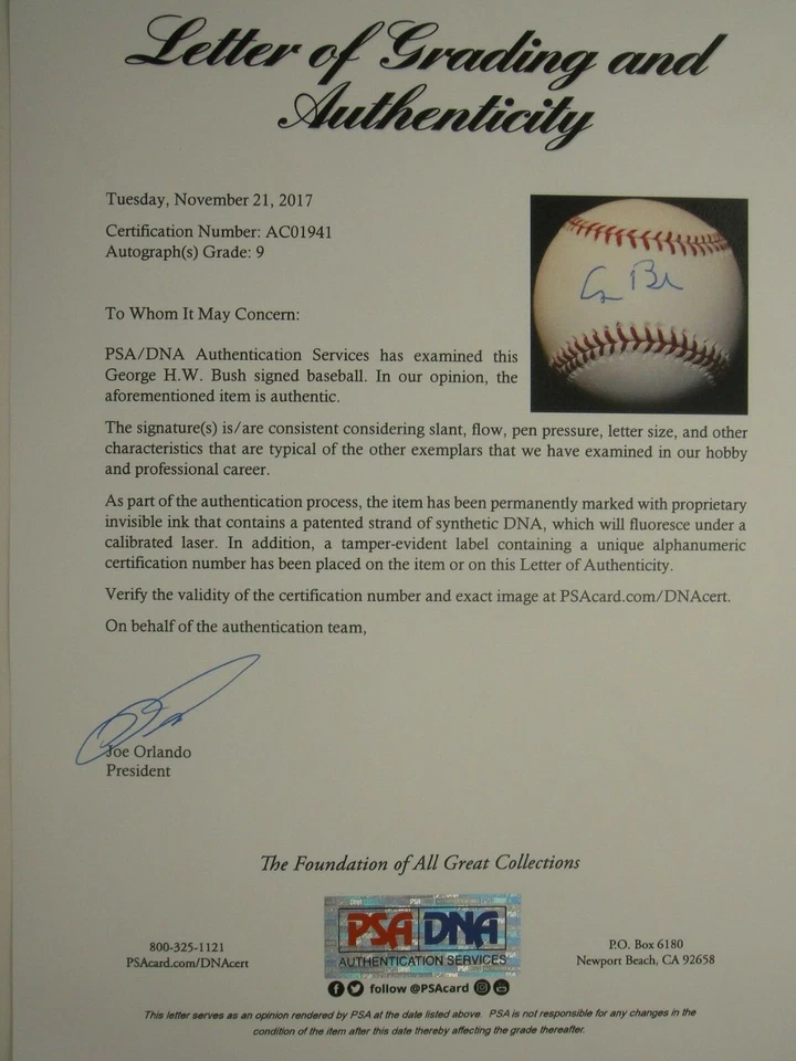 PRESIDENT GEORGE H. W. BUSH PSA/DNA GRADED 9 MINT SIGNED MLB BASEBALL AUTOGRAPH - Image 2 of 4