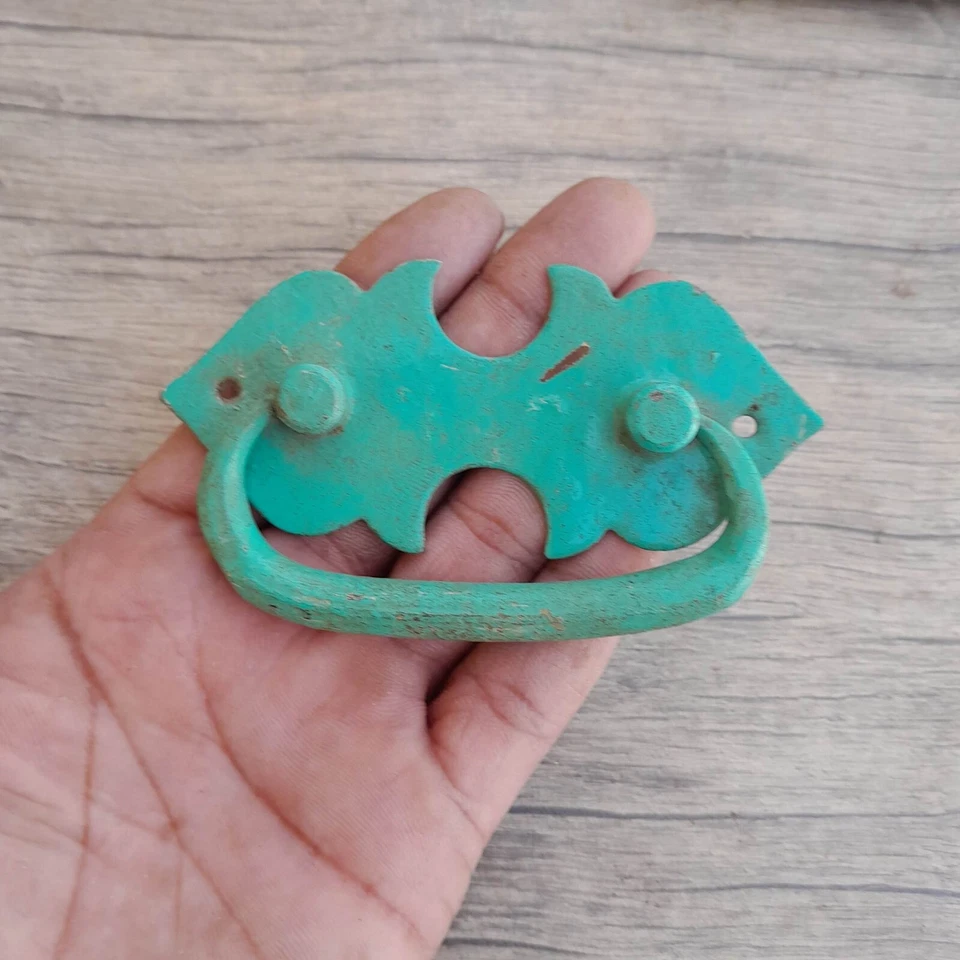 4p vtg iron handforged enamel paint drawer chest drop lifting handle back plate - Image 4 of 4