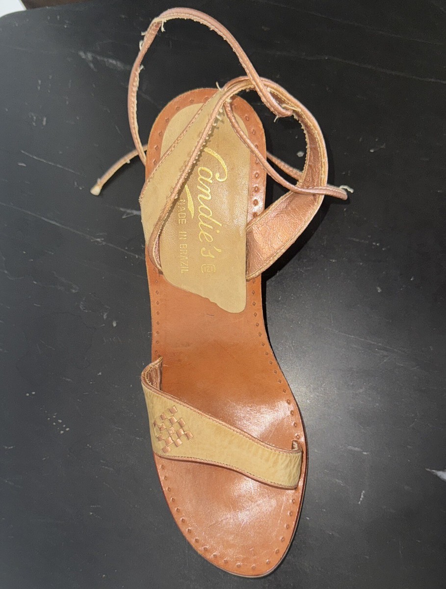 Vtg Size 8 70s 80s Candies Shoes Wedge Wood Heel Ankle Strap