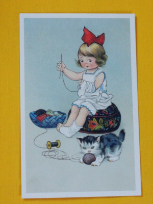 1x Postkarten kleines Mädchen Stopfen Katzen Wolle Retro / Nostalgie Kinder
