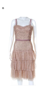 Marchesa Notte Glitter Tulle Cocktail Dress Rose Gold 10