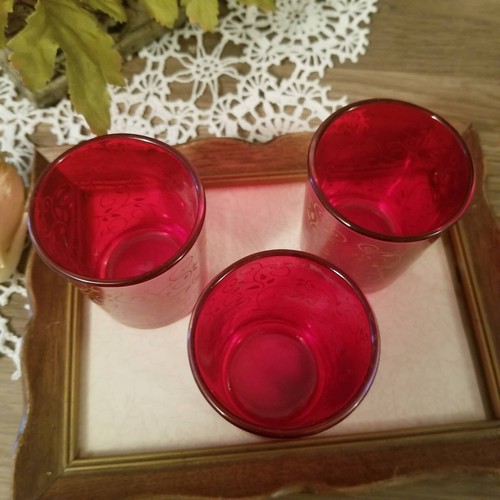 3 Red Vodka Shot Glasses, Whiskey Shot Glasses With Gold Tone Ornament - Picture 5 of 7