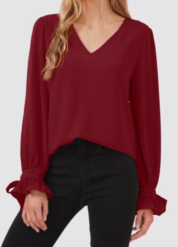 CeCe Women's Red Solid Long Sleeve V-Neck Tie-Cuff Blouse Top Size L