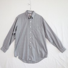 Roundtree  Yorke Shirt Mens 16-34 Pinpoint Oxford Button Gray Plaid Long Sleeve