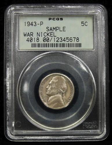 1943-P PCGS SILVER WAR NICKEL, PCGS SAMPLE SLAB, SCUFFS ON SLAB