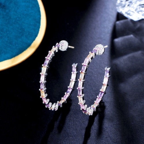 Pendientes de aro de baguette redondo de bucle grande enchapados en oro amarillo para mujeres joyería de boda - Imagen 12 de 15