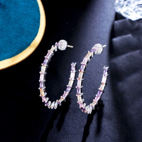 Multi Color CZ Crystal Big Round Loop Shape Baguette Hoop Earrings Fashion Brand - Picture 1 of 15