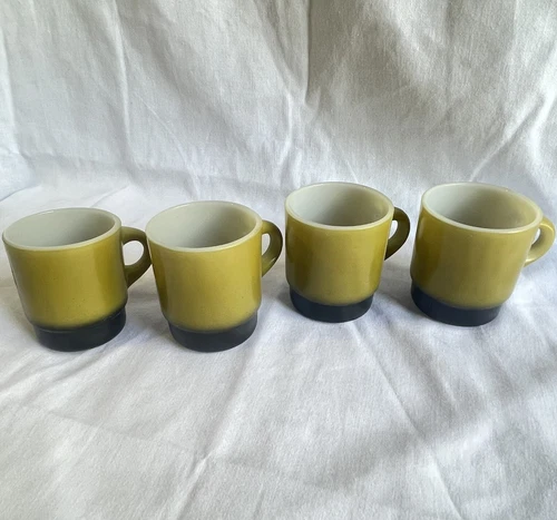 Fire King Stacking Mugs Vintage Mid Century Modern Yellow Brown Fade MCM Retro 4