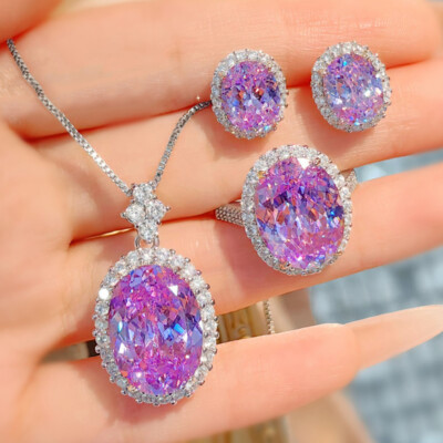 3pc Ice Flower Cut Purple Amethyst Gemstone Luxury Women Silver Necklace Earring