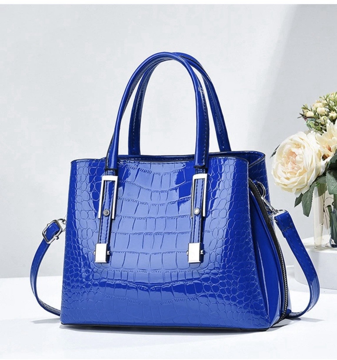 Blue Croc Embossed Faux Leather Satchel Top Handle Crossbody Bag