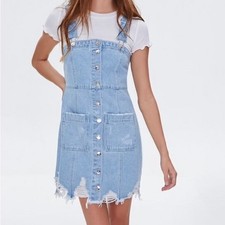 (B6) Forever 21 Light Wash Distressed Denim Button Front Pinafore Mini Dress M
