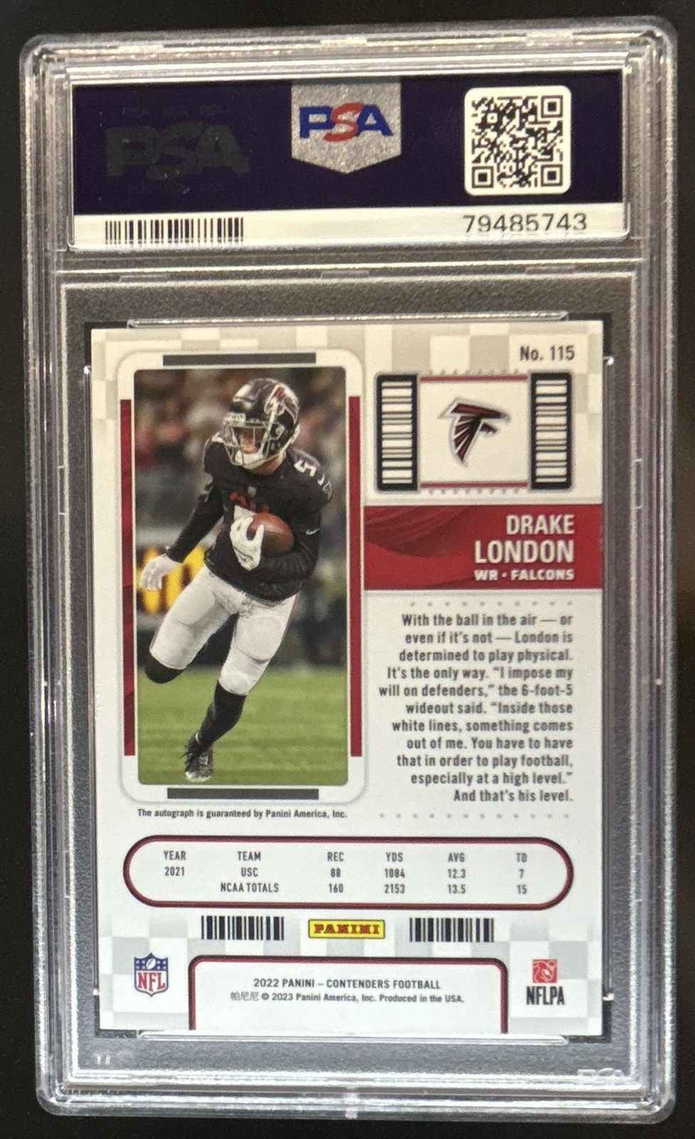 2022 Panini Contenders Drake London RC Rookie Ticket Auto #115 Falcons PSA 10 view 2