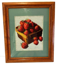 VTG Framed Needlework Embroidery Strawberries Basket Wall Art 13x16 Cottage Core