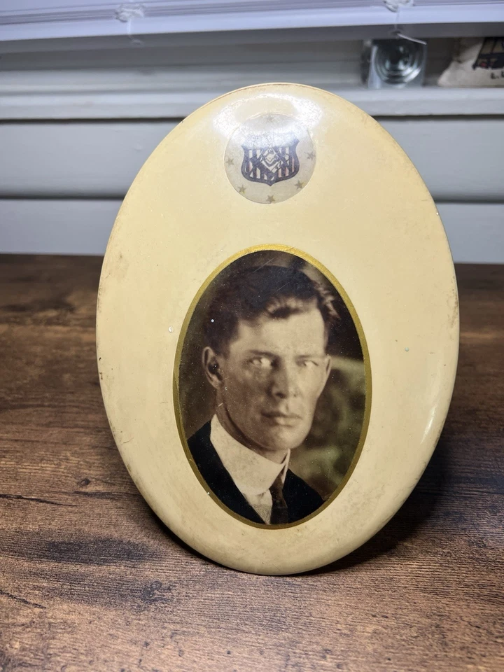 Antique Celluloid Photo Portrait UOAM United Mechanics Tin Frame Masonic Man - Image 2 of 4