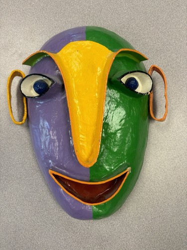 Masque visage papier mâché Gina Truex art populaire décoration murale 3D signé vintage 1975
