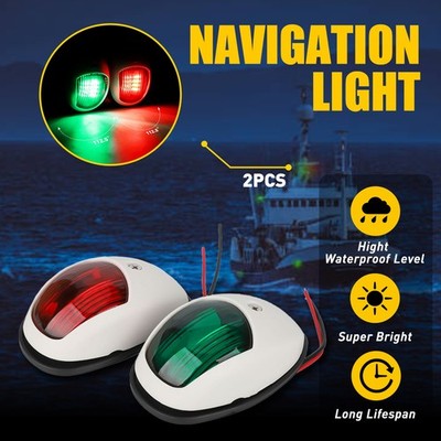 2X Waterproof Red & Green 8 LED Navigation Lights Boat Pontoon Marine Bow Lamp M