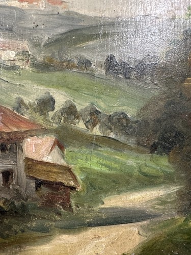 Ancienne huile sur panneau signée : vue d'un village en France Ecole Française - Photo 11/12