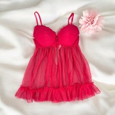 Hot Pink Ruffle Mesh Babydoll Top Lingerie Romantic Fairycore Coquette Love S