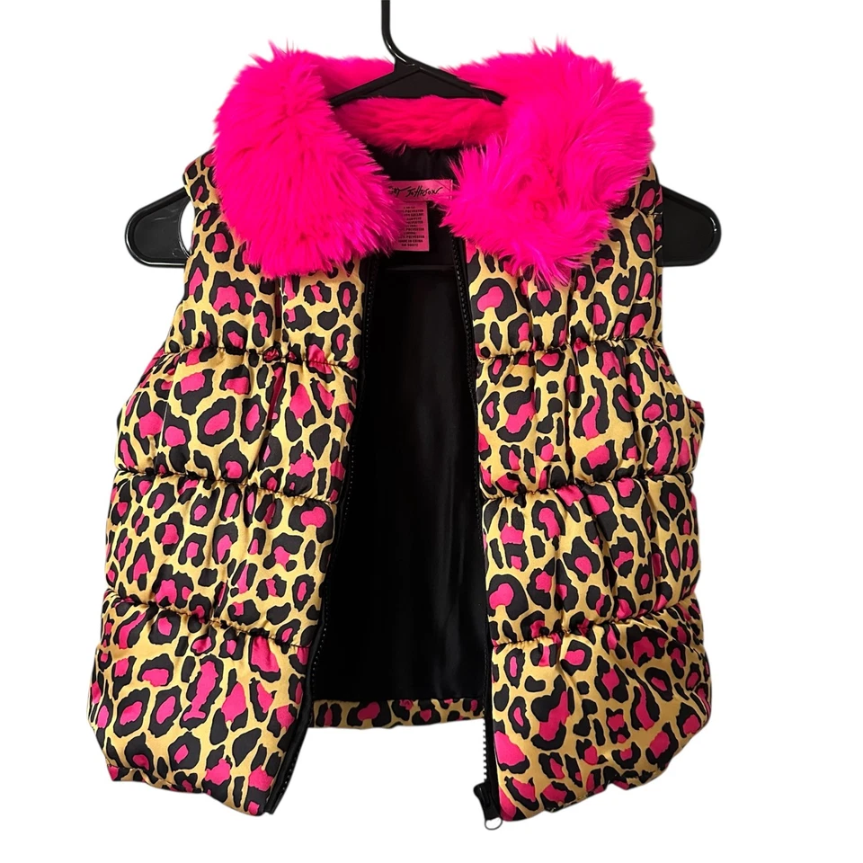 Chaleco acolchado Betsey Johnson para niñas rosa estampado de leopardo con piel sintética talla L 8/10 Foto 2 de 4