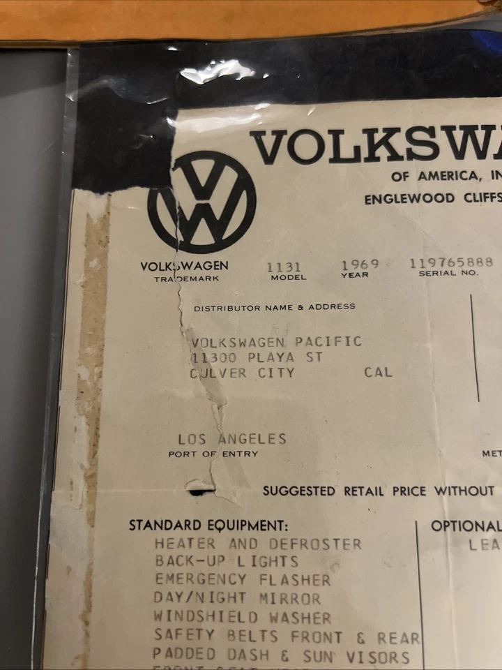 Vintage 1969 VW BEETLE TYPE 1 DEALER INVOICE WINDOW STICKER ORIGINAL - Image 2 of 4