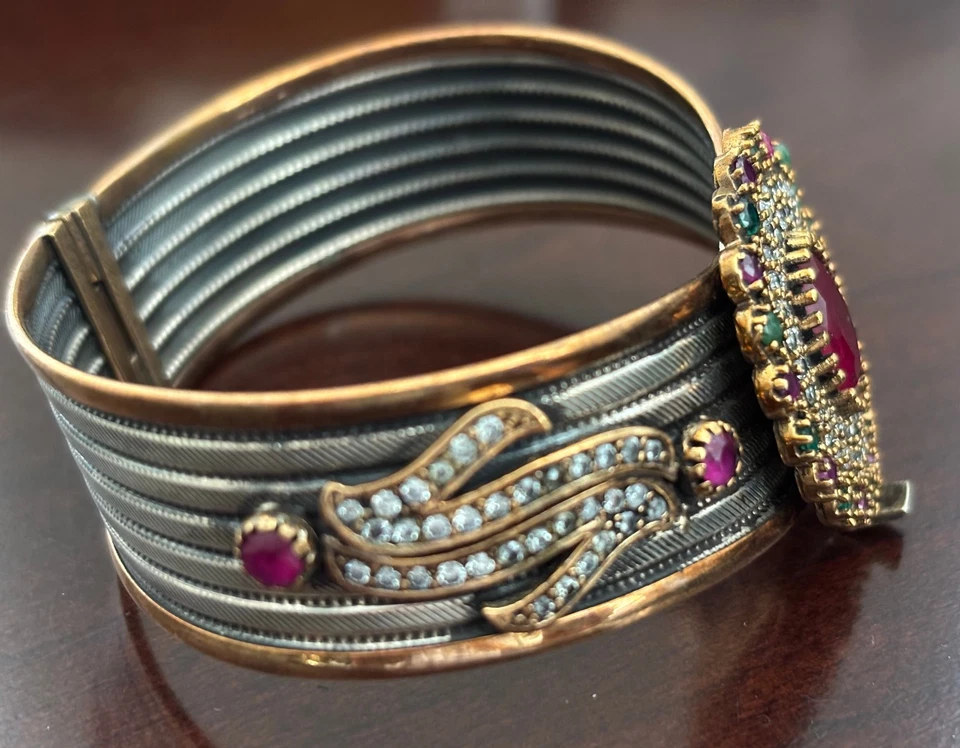 VINTAGE FAUX RUBIES DIAMONDS EMERALD COPPER ACCENT 325 8 Karat Turkish BRACELET - Image 3 of 4