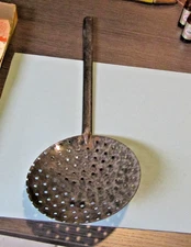 Vintage Metal Ice Fishing Ladle 17" Long Skimmer 11" Handle 6" Diameter Scoop