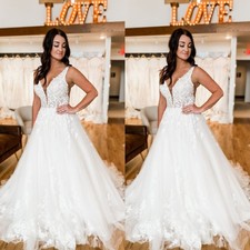 Elegant Wedding Dresses V Neck Lace Appliques White Ivory Tulle Bridal Gowns