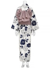 Japanese Kimono Yukata Set Women Floral White Navy Obi 2pcs Kyoto Style Summer