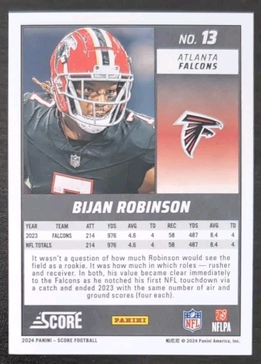 Bijan Robinson #13 2024 Panini Score Football Base Set Falcons - Image 2 of 3