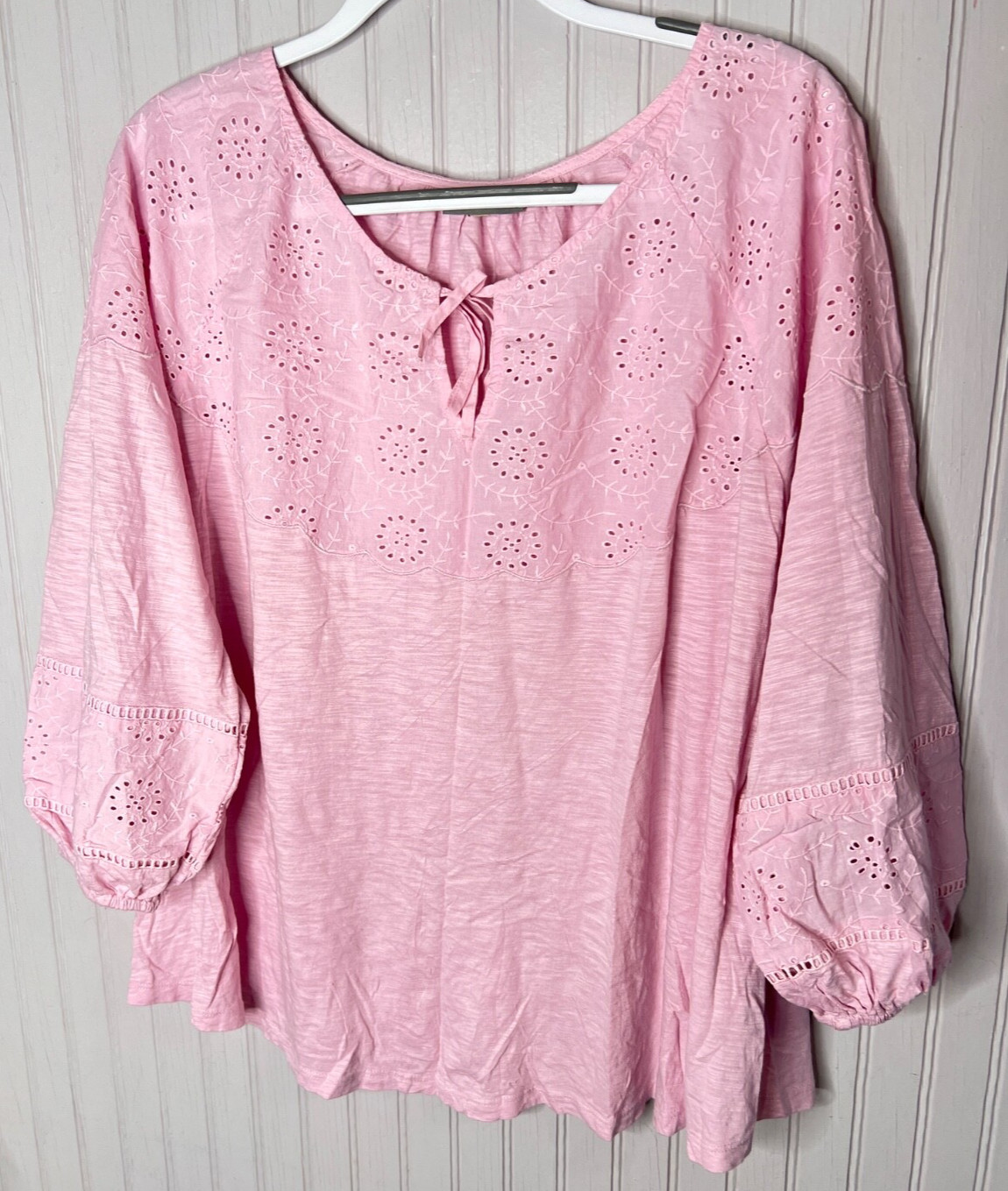 Style & Co Womens TOP 2X Boho Pink Eyelet Tassled Cotton Comfort Peasant Floral