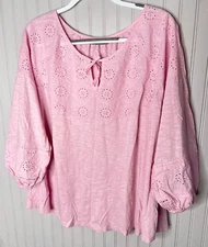 Style & Co Womens TOP 2X Boho Pink Eyelet Tassled Cotton Comfort Peasant Floral