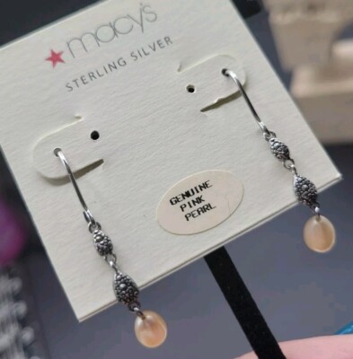 Sterling Silver Macys Earrings Dangle Pink Pearl Teardrop Hook