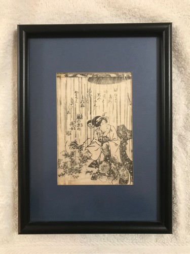 Japanese Woodblock Print in Black & White with Calligraphy. A Woman in the Rain? - Picture 2 of 7