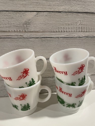 Tom and Jerry milk glass vintage punch or eggnog mugs cups Christmas Set Of 4